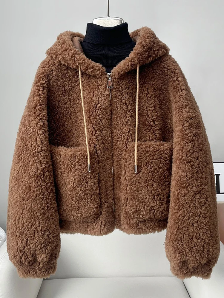 فو لامب لطيف معطف دافئ المرأة Vintage جيوب طويلة الأكمام الحلو سترة الشتاء الإناث الرجعية القهوة مقنعين أبلى القمم