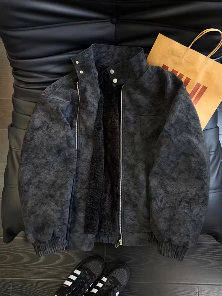 

Американское окрашенное зимнее пальто из искусственной кожи Jaet Thiened для мужчин, хлопковое бархатное пальто с воротником-стойкой из ягненка, повседневная верхняя одежда для мотоцикла