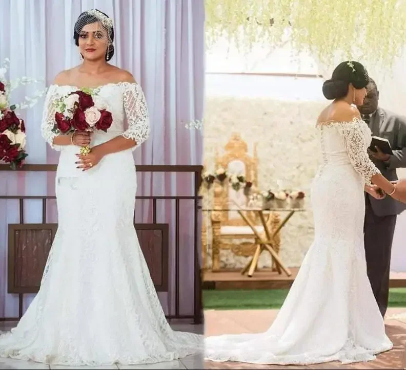 Customized Plus Size Wedding Off The Shoulder Long Sleeves Full Lace Sweep Train Dubai Arabic Mermaid Bridal Gowns Marriage Dres