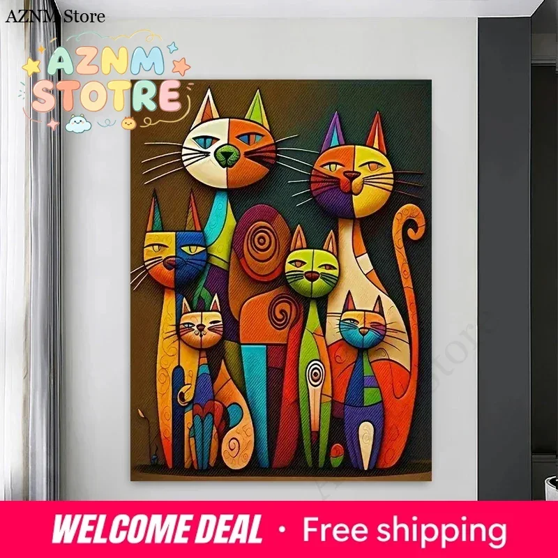Colorful Abstract Cat Canvas Art - Cartoon Animal Canvas Poster Printing, For Living Room, Office Home Decoration