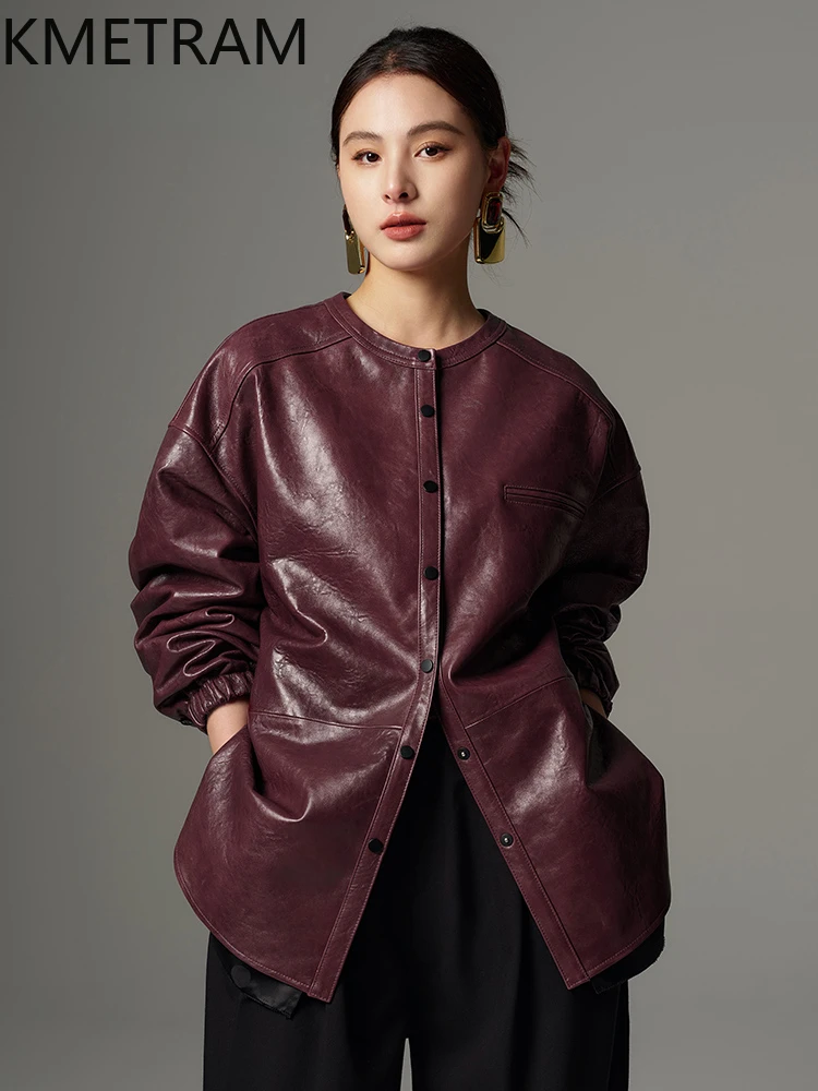 Genuine Leather Jacket Woman Real Oil Wax Sheepskin Loose Jackets High Quality New in Coats Spring Women Clothing 2025 кожанка