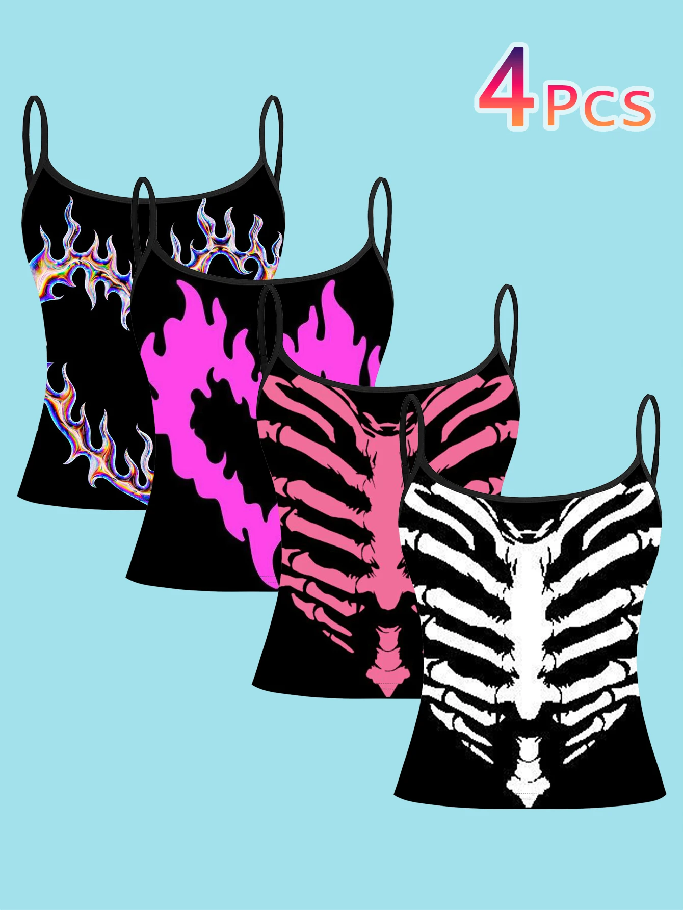 4-Piece Fluorescent Pink Flame Ribbed Camisole Set, Black Base Gothic Style Women's Spaghetti Strap Inner Layering Top