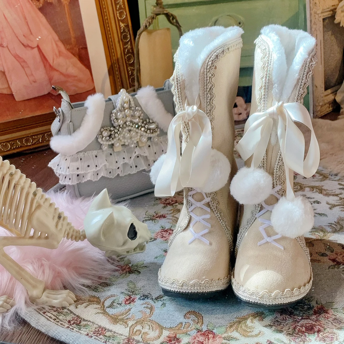 

Japanese Original Lolita Mid-leg Boots Pointed Toe Shoes Hairball Bow Sweet and Cute Retro Fleece Inner Heightened Knight Boots