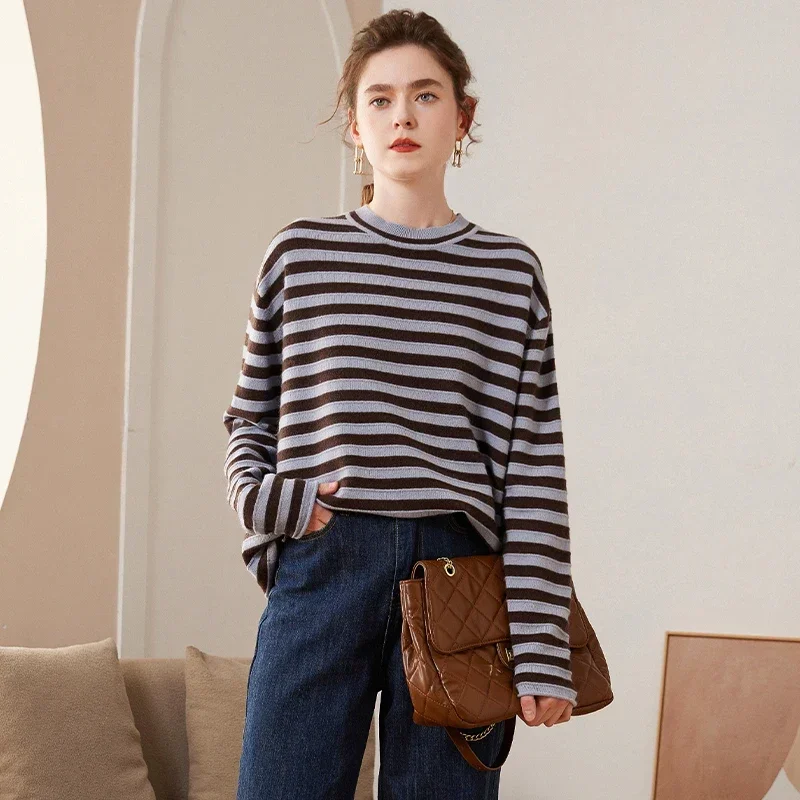 

2023 Autumn Winter New Women Striped Pullover 100% Cashmere Sweater Knitted Jumper Female O-Neck Casual Loose Large Size Tops