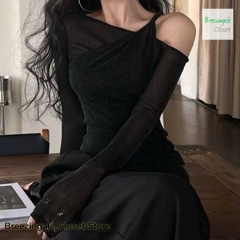 French diagonal shoulder lace transparent tulle long-sleeved T-shirt women's spring and summer fashion sexy slim hot girl top