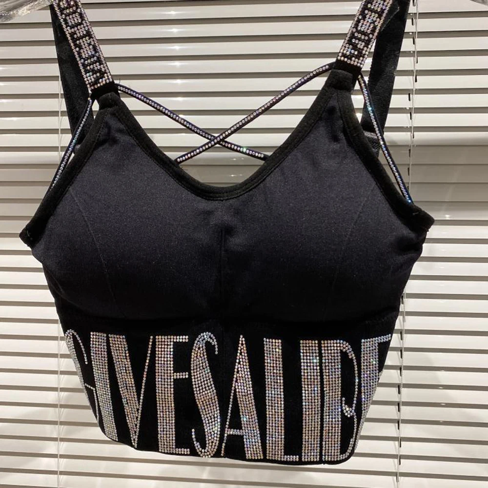 Backless Polyester Camisole Top for Women Featuring Rhinestone-Letter Accents Regular Length Vest for Daily and Use