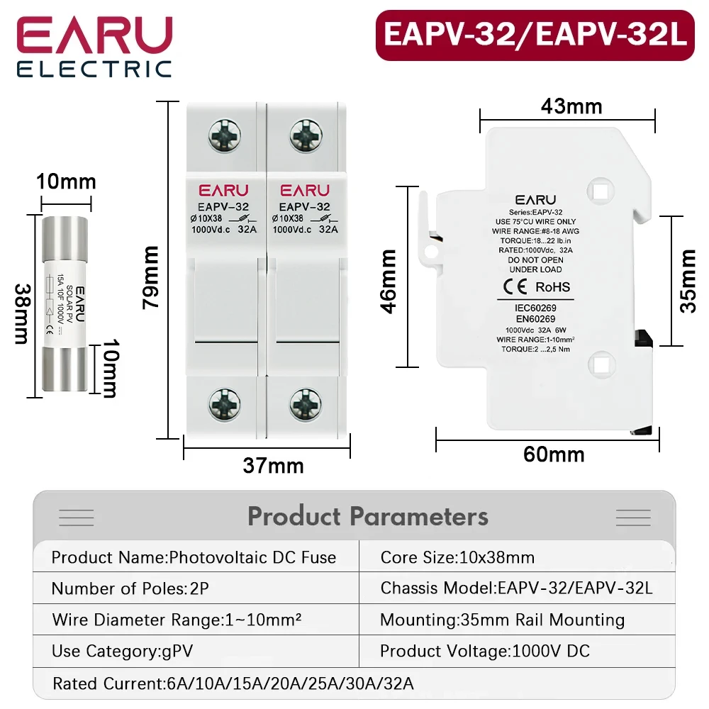 One Set 2P Parallel DC Fuse Holder 10*38mm High Voltage Solar PV 1000V 6A-32A Base Photovoltaic System Protection Protector gpV