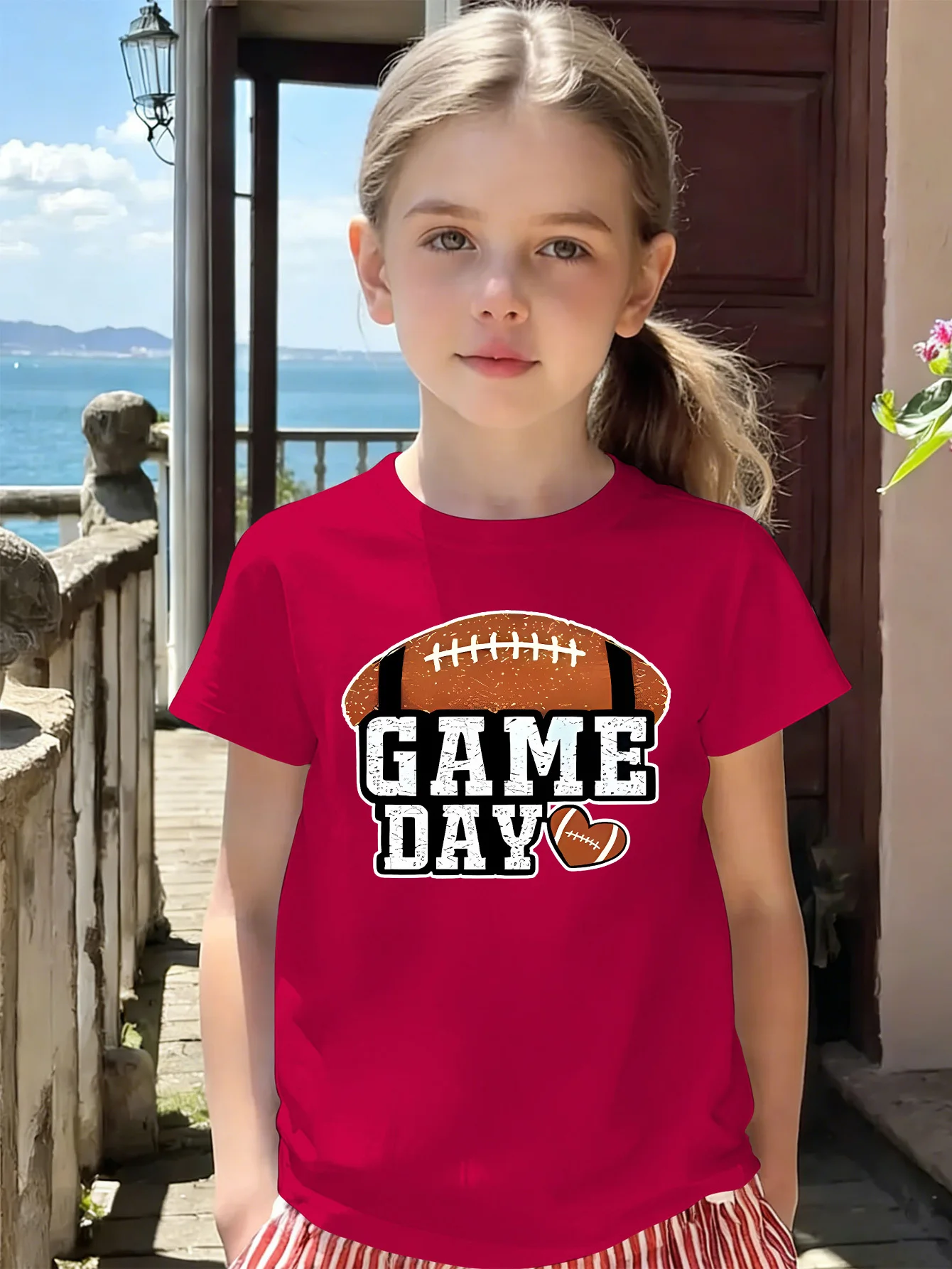 Game Day Vintage Football Heart Letter Print Kid T Shirt Boys Girls Short Sleeve Cotton Family Matching Toddler Daily Casual Top