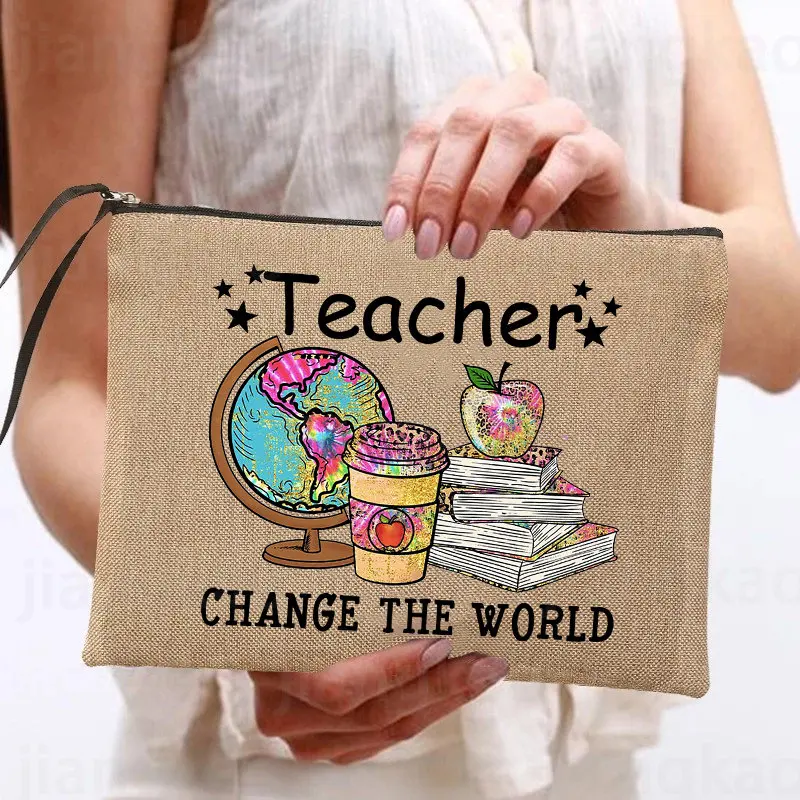 

Teacher Change The World Print Cosmetic Bag Women Neceser Makeup Bags Linen Zipper Pouch Travel Toiletry Organizer Teacher Gifts