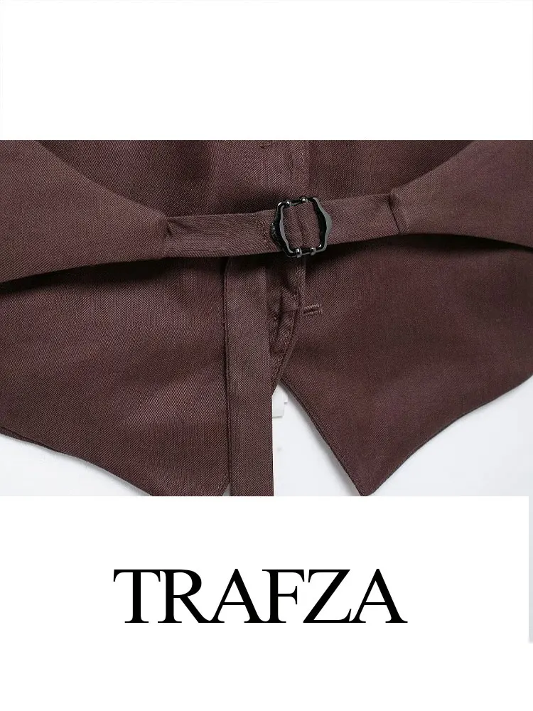 TRAFZA 2024 Summer Women Fashion Trouser Suits Flax Solid Halter Neck Camis Top + Wild Pleated Female Wide Leg Long Pant