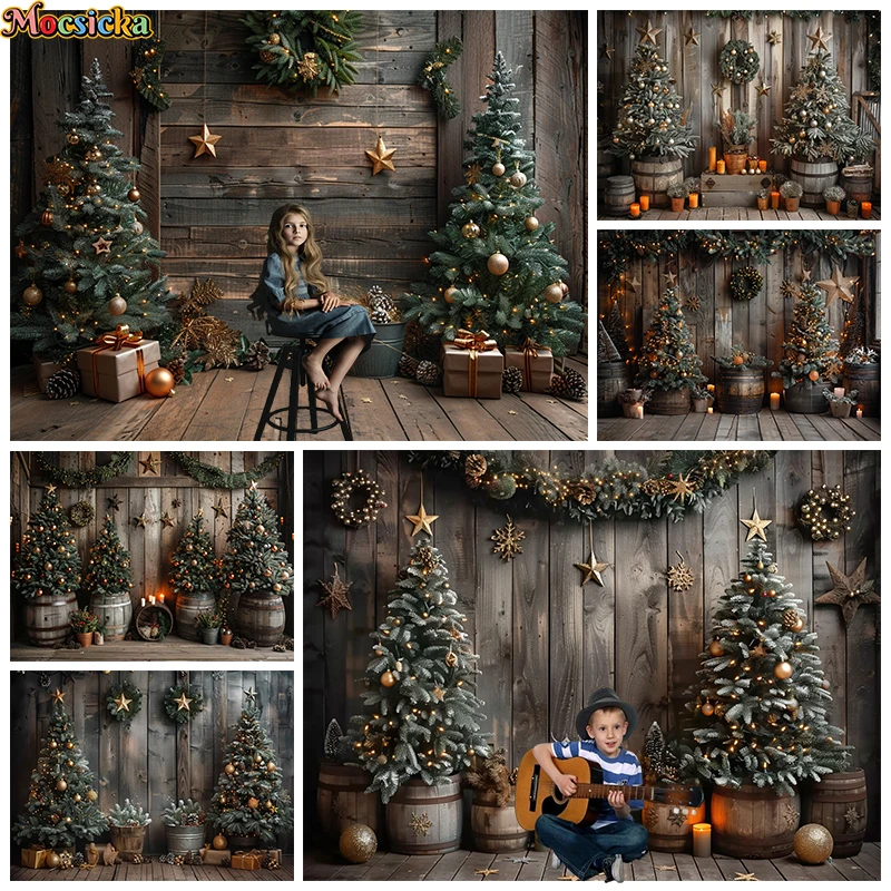 

Christmas Tree Photography Background Pentagram Baby Shower Boy Girl Wooden Wall Backdrop Shooting Props Decorations Photozone