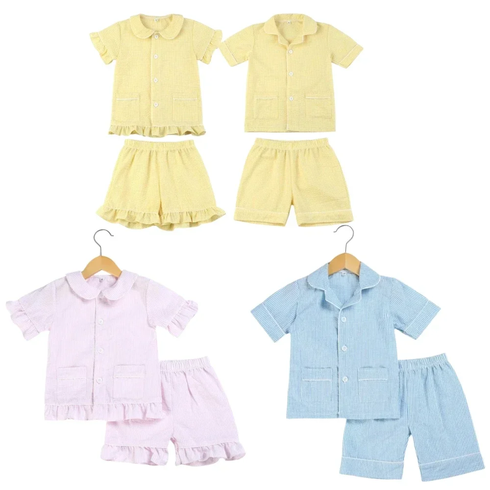 

Summer Kids Pajamas set Cotton Seersucker Sibling Matching Pjs Sleepwear Baby Clothes Loungewear Girls Boys Pyjamas Sets