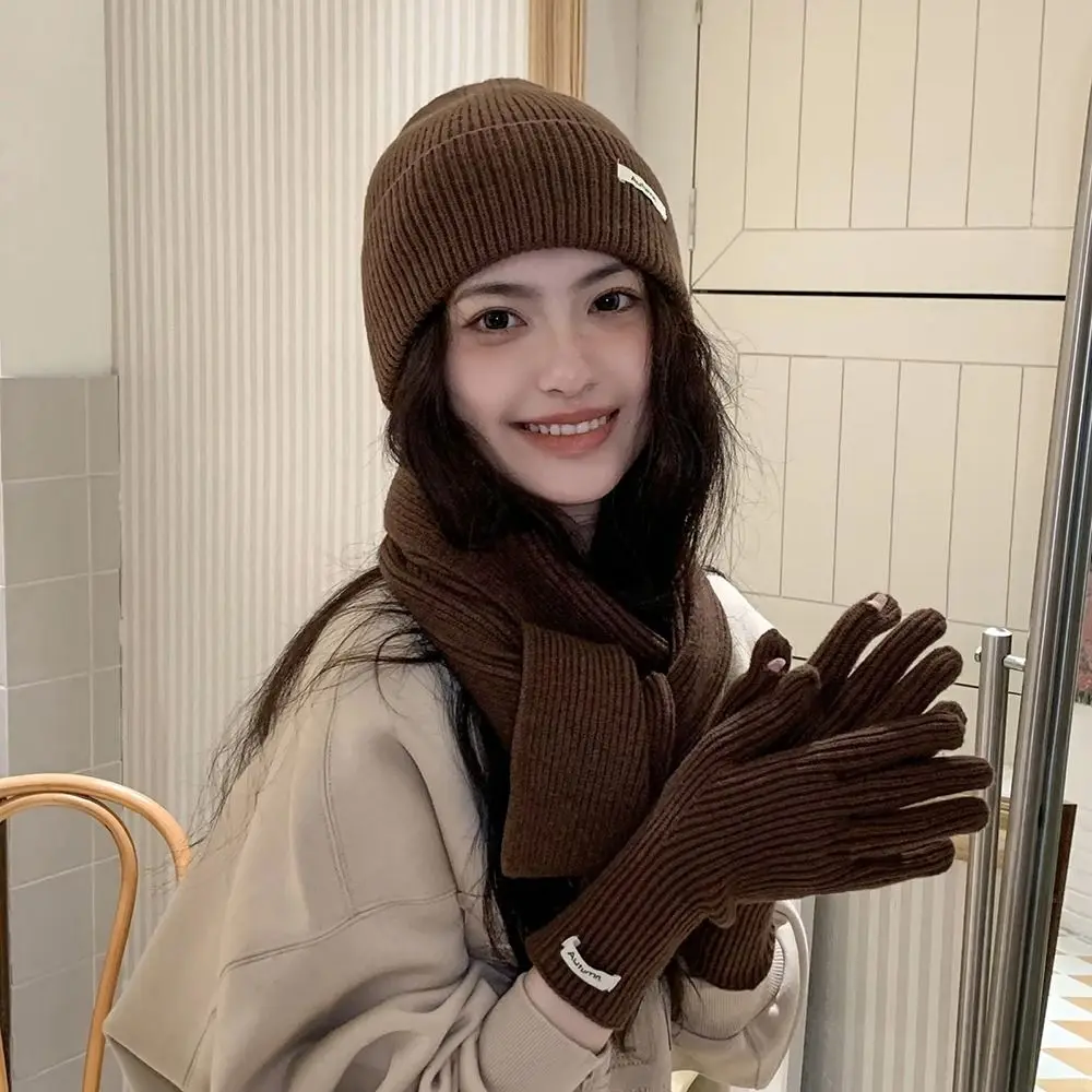 Solid Color Hat Scarf Gloves Set Warm Wool Thermal Knit Cap Fashion Touch Screen Winter Beanie Hat Cold Weather