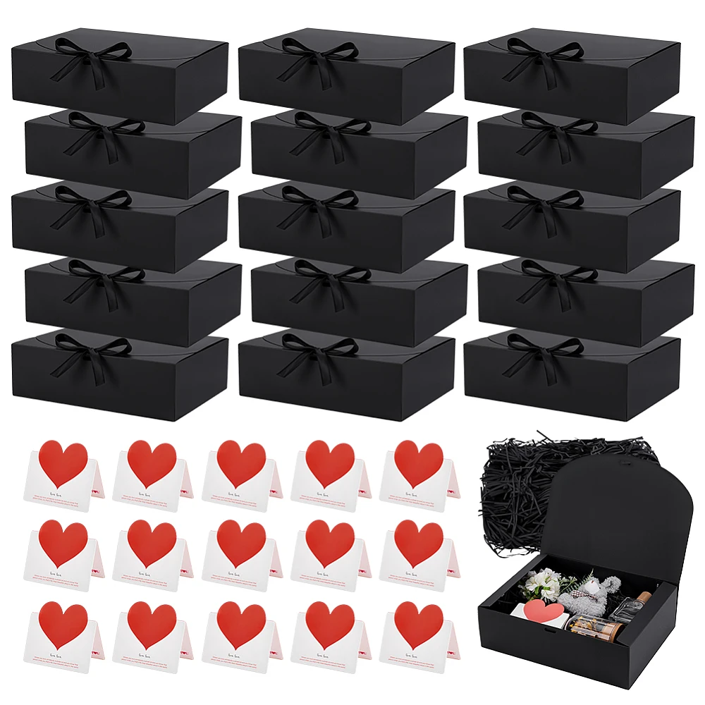 15pcs Black Gift Boxes with Lids 10.6x7.8x3.1 inch Black Paper Gift Box Bridesmaid Proposal Box with Ribbon Heart Greeting Card
