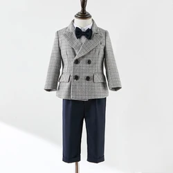 Spring Little Boys Top Quality Plaid Wedding Suit Baby Kid Formal Tuxedo Bowtie Dress Children Blazer Party Performance Costume