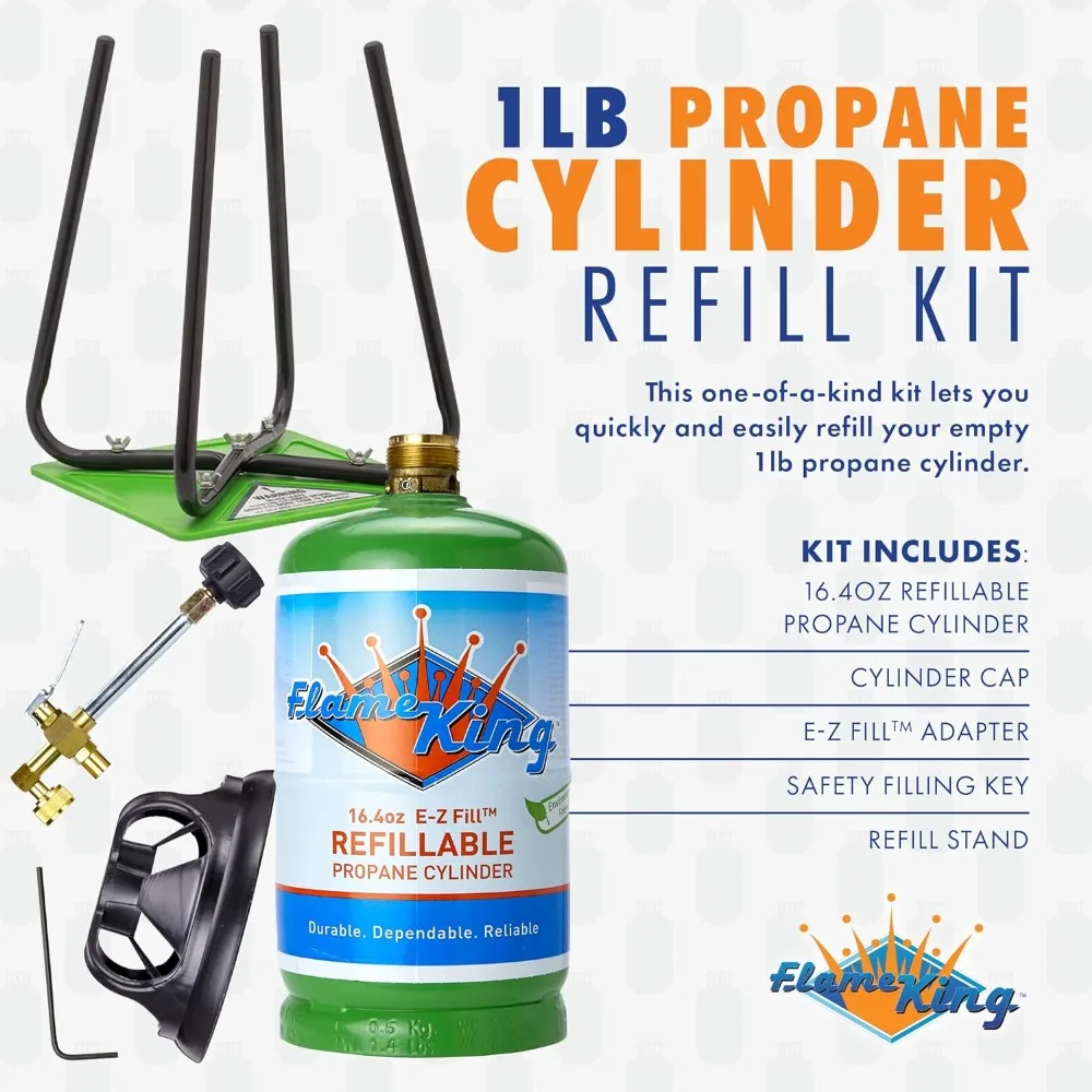 Flame King Refillable 1LB Empty Propane Cylinder Tank with Refill Kit and CGA600 Connection - Reusable, Safe and Legal Refill Op