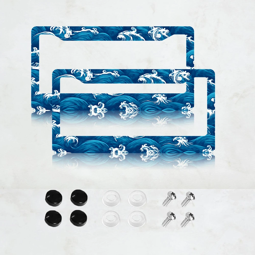 

2 шт. рамки для номерных знаков с 2 отверстиями, синего цвета с волнообразным дизайном, алюминиевые, 6x12 дюймов, с винтами, стандартный размер для США, Канады, Мексики