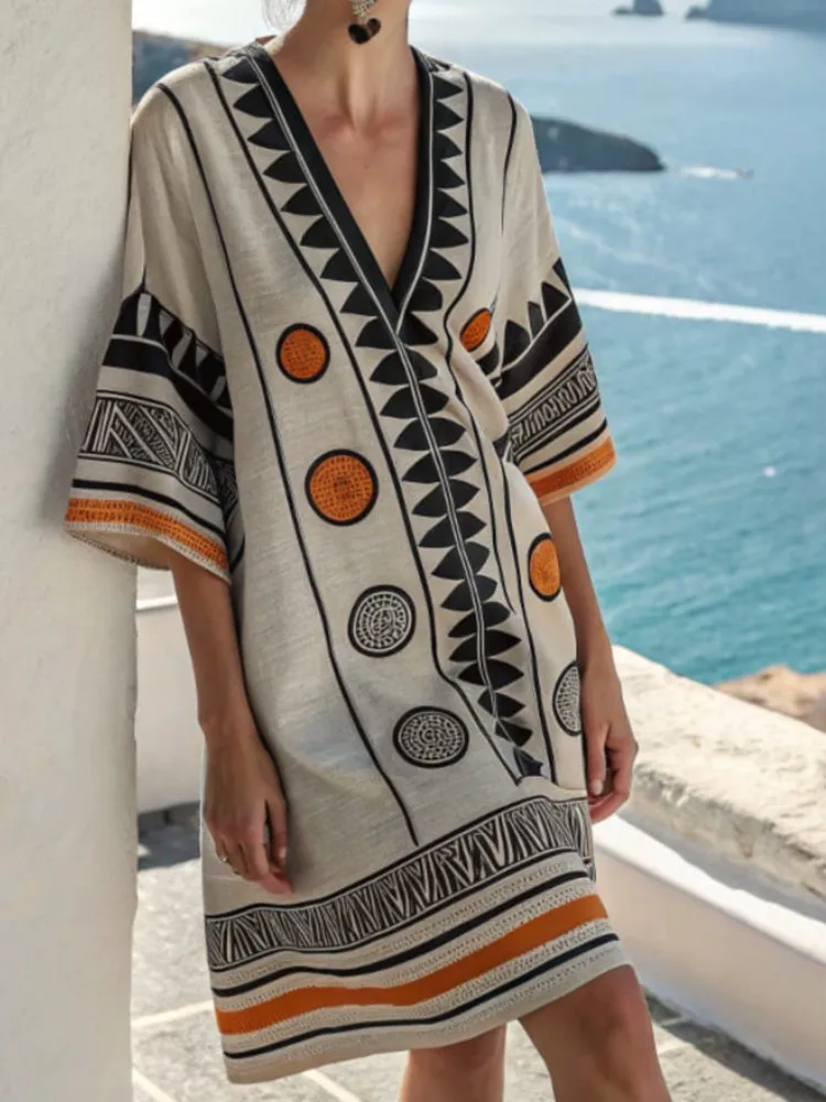 

Women Summer Dress V Neck Print Short Sleeves Loose Beach Style Holiday Casual Dresses Vestidos Para Mujer Vestidos De Verano