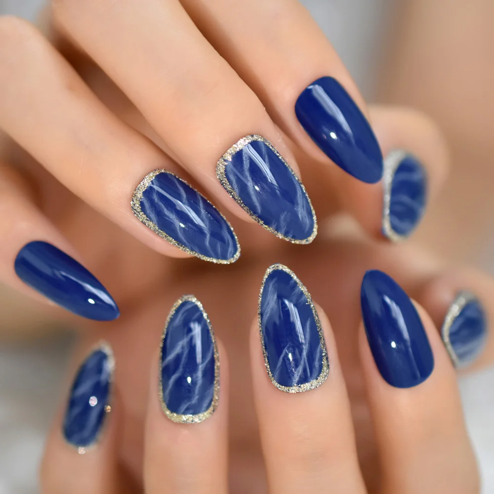 Unhas falsas stiletto de mármore azul brilhante, glitter prateado, pré-projetos, médio, manicure artificial, pontas de unhas decorativas para mulheres