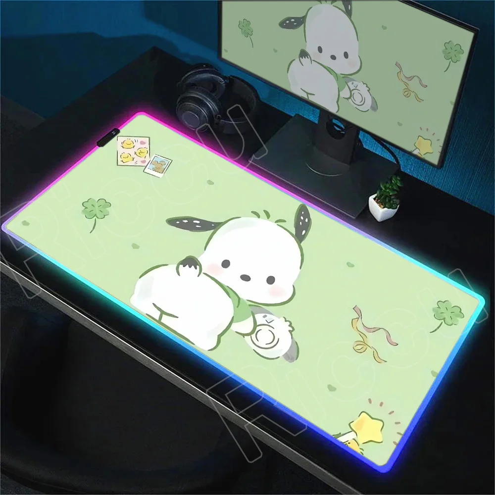 

RGB LED Cartoon Cute Pochacco Mousepad HD Printing Computer Game Locking Edge Non-slip Mouse Pad XXL90x40cm Keyboard PC Desk Pad