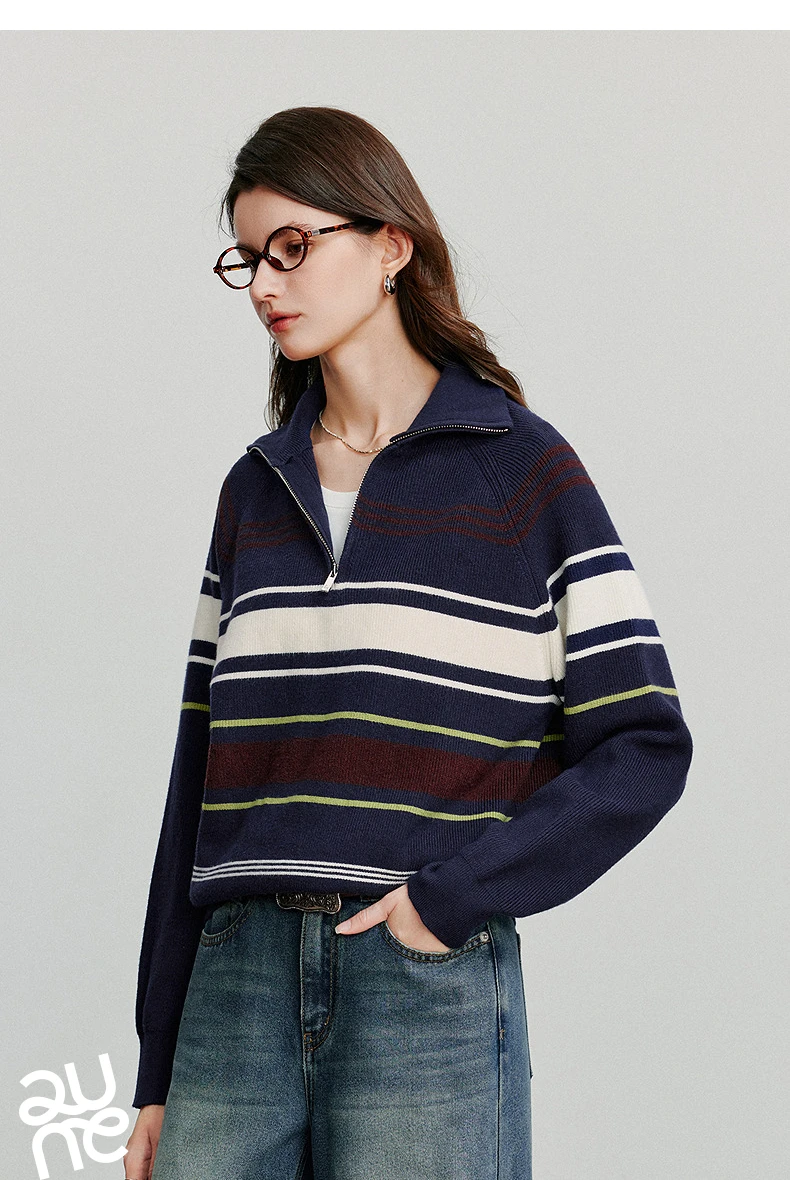 TOYOUTH Women Knitted Sweater 2026 Autumn New Fashionable Style Striped Zipper High Collar Woolen Pullover Sweater Tops