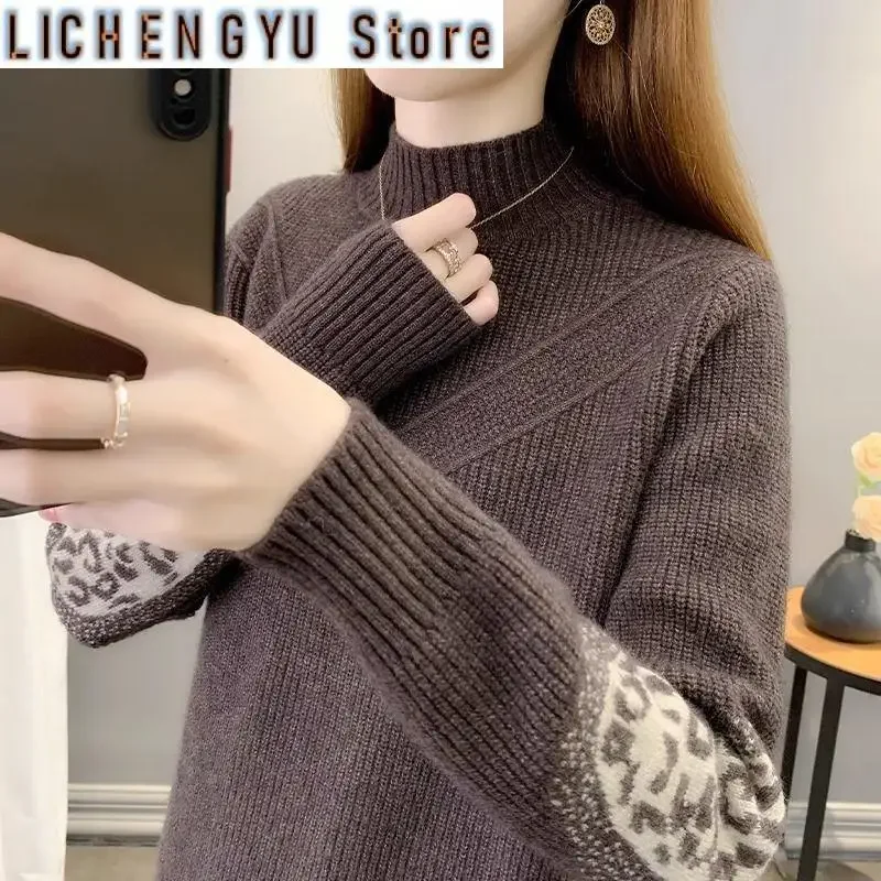 Women's Clothing Autumn Winter Half High Collar Pullover Lantern Long Sleeve Sweater Knitted Geometric Screw Thread Elegant Tops