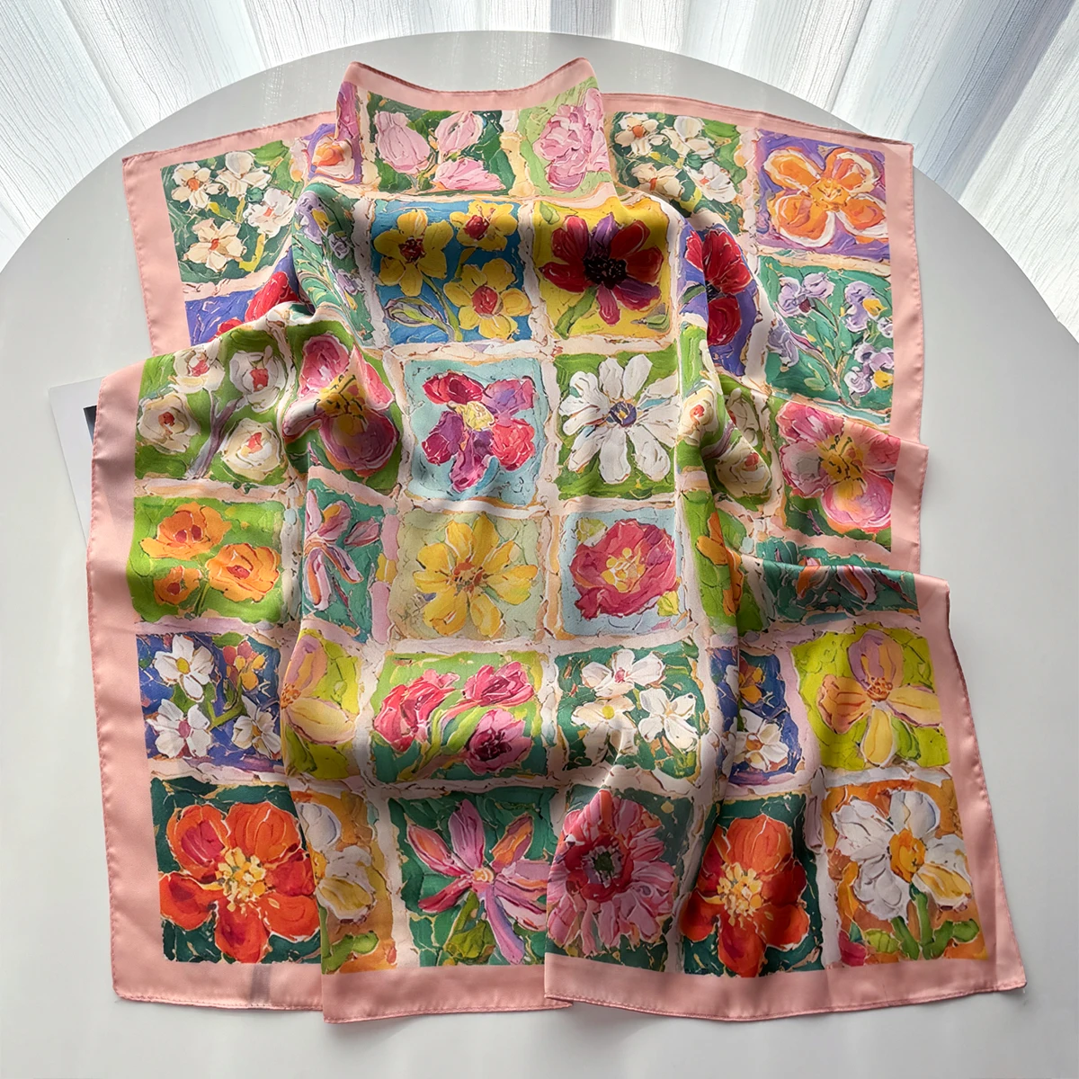 Luxury Floral Square Scarf For Women Elegant Ladies Hijab Neckerchief Shawl Solid Soft Stain Imitation Silk Scarves For Travel view 2