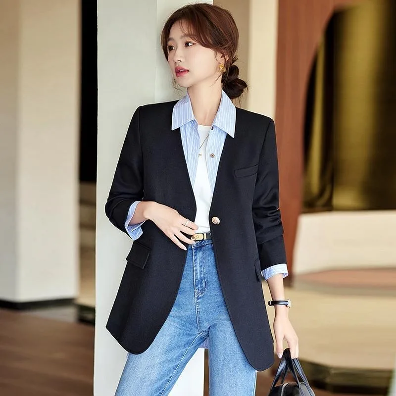 New High End White Fashion Women's Jacket Autumn Solid Color V-neck Long Sleeve Solid Color Casual Blazer Coat OL Outwear Top