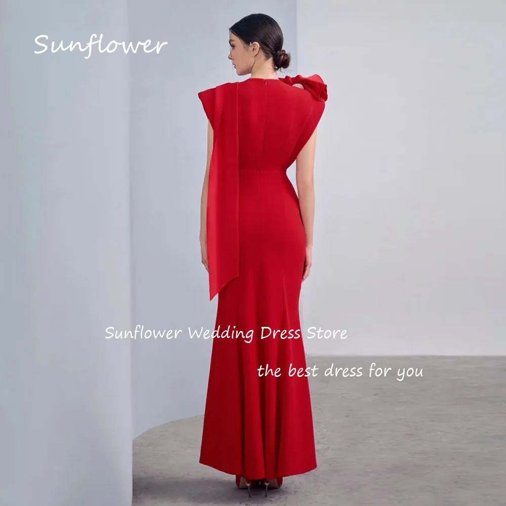 Sunflower Red O-Neck 3D Flowers Crepe Mermaid 2024 Slim Short Sleeves Ocassion Gown Ankle-Length Formal Evening Dress