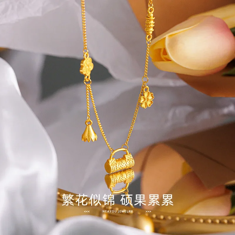 9999 Real Gold 24K Flowering Four Leaf Clover Tassel Safety Lock Bag Necklace Versatile Fruitful Set Chain