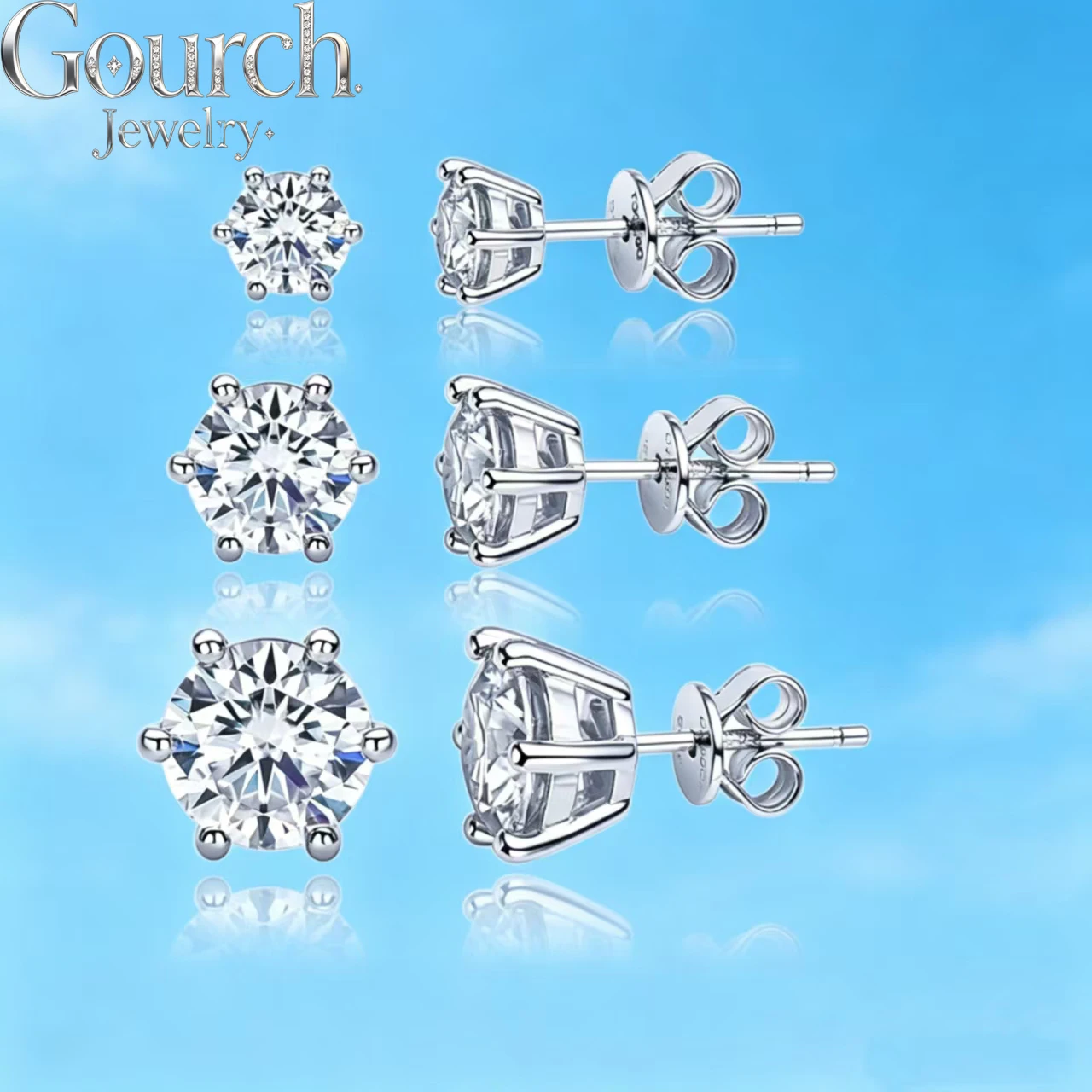 Gourch 5-8mm D Color VVS1 Round Cut Real Moissanite Men Stud Earrings for Women Hip Hop 18K Gold Plated 925 Sterling Silver