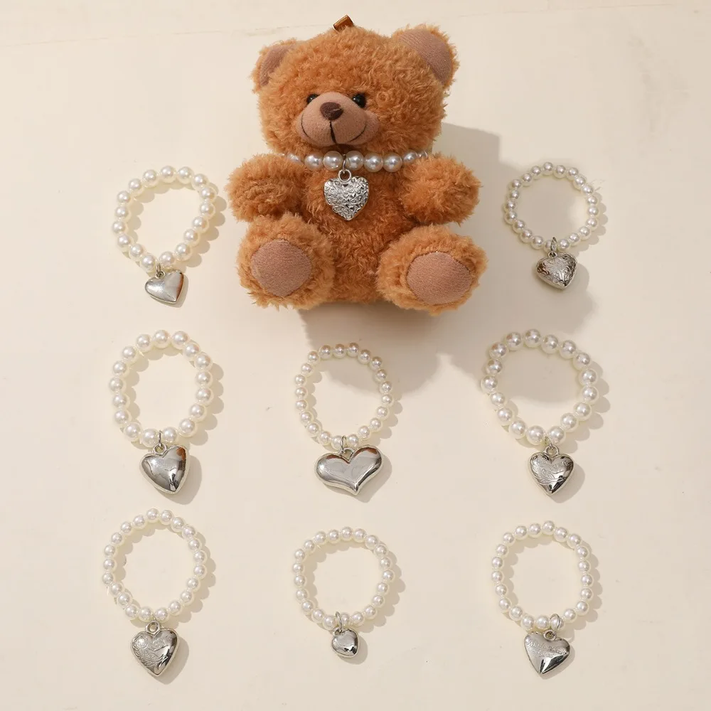 Kerajinan mainan anjing kalung hati elastis Perak boneka anjing kerah mutiara mode 6/8mm boneka BJD Mini rantai mutiara mainan anak-anak Diy