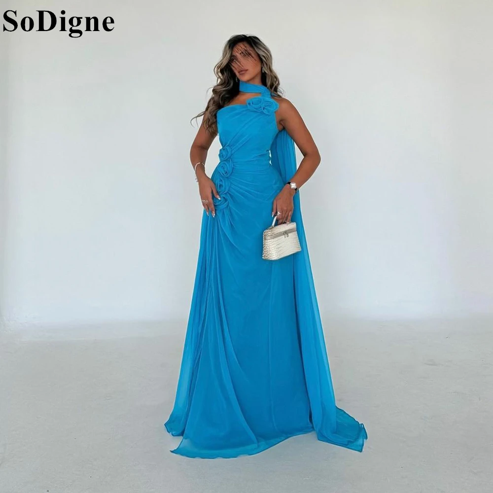 

SoDigne Blue Chiffon Evening Dresses Halter Draped Mermaid Flowers Elegant Party Dress Formal Prom Gowns for Women Customized