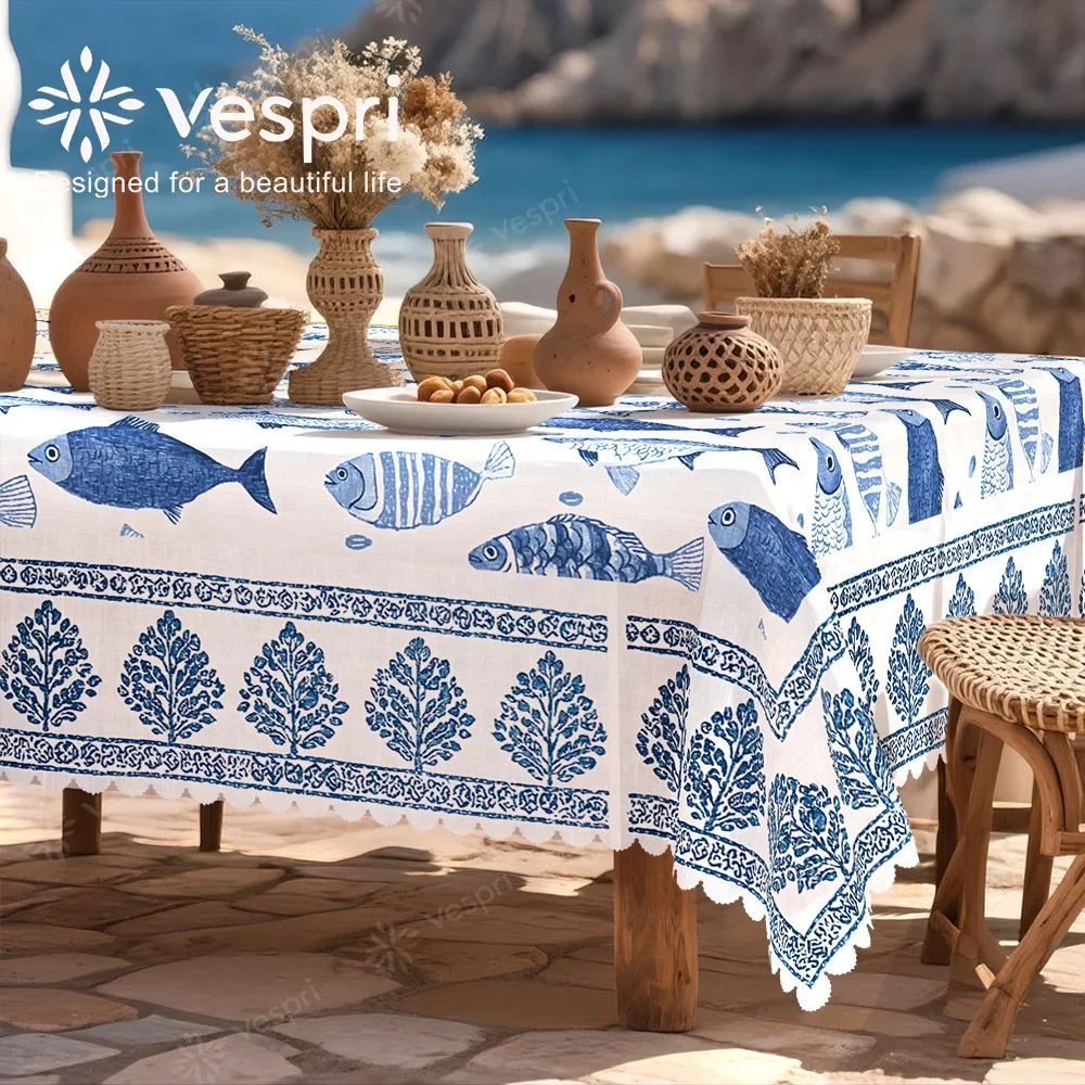 Vespri marine tablecloth, with white and blue decorations, featuring fish and leaves, coastal style.xzj