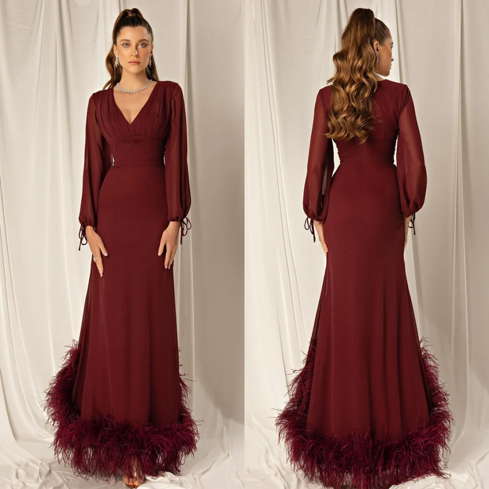 Maßgeschneiderte Abendkleider aus bordeauxrotem Jersey im Meerjungfrau-Stil, formelle V-Ausschnitt, lange Ärmel, Heimkehrkleider, Temperament-Partykleider