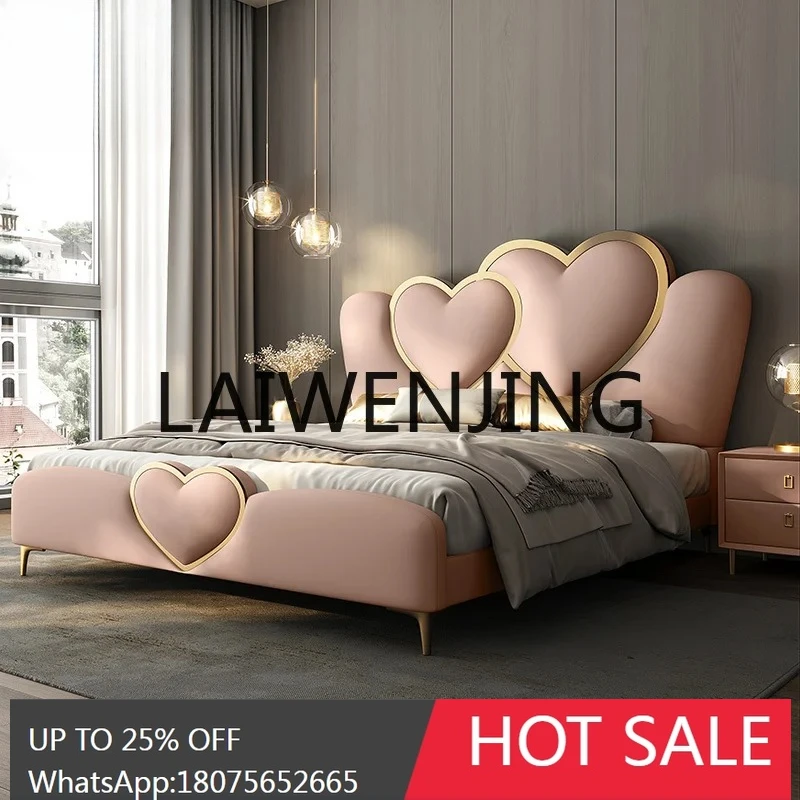 

RWJ Children's Bed Genuine Leather Pink Heart-Shaped Solid Wood Girl Princess Bed