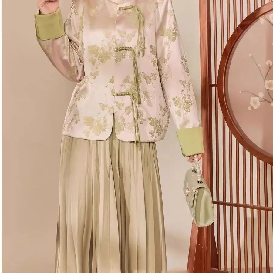 2025 봄 가을 여성 꽃 나비 패턴 모조 실크 패치 워크 중국어 당나라 의상 코트, 여자 녹색 꽃 코트