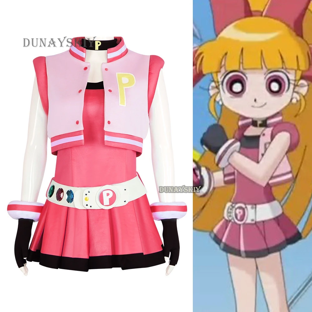 Power Cos Puff Girls Cosplay Costume Hyper Blossom Rolling Bubbles Costume Vest Coat Dress Outfit Hairband Gloves Belt