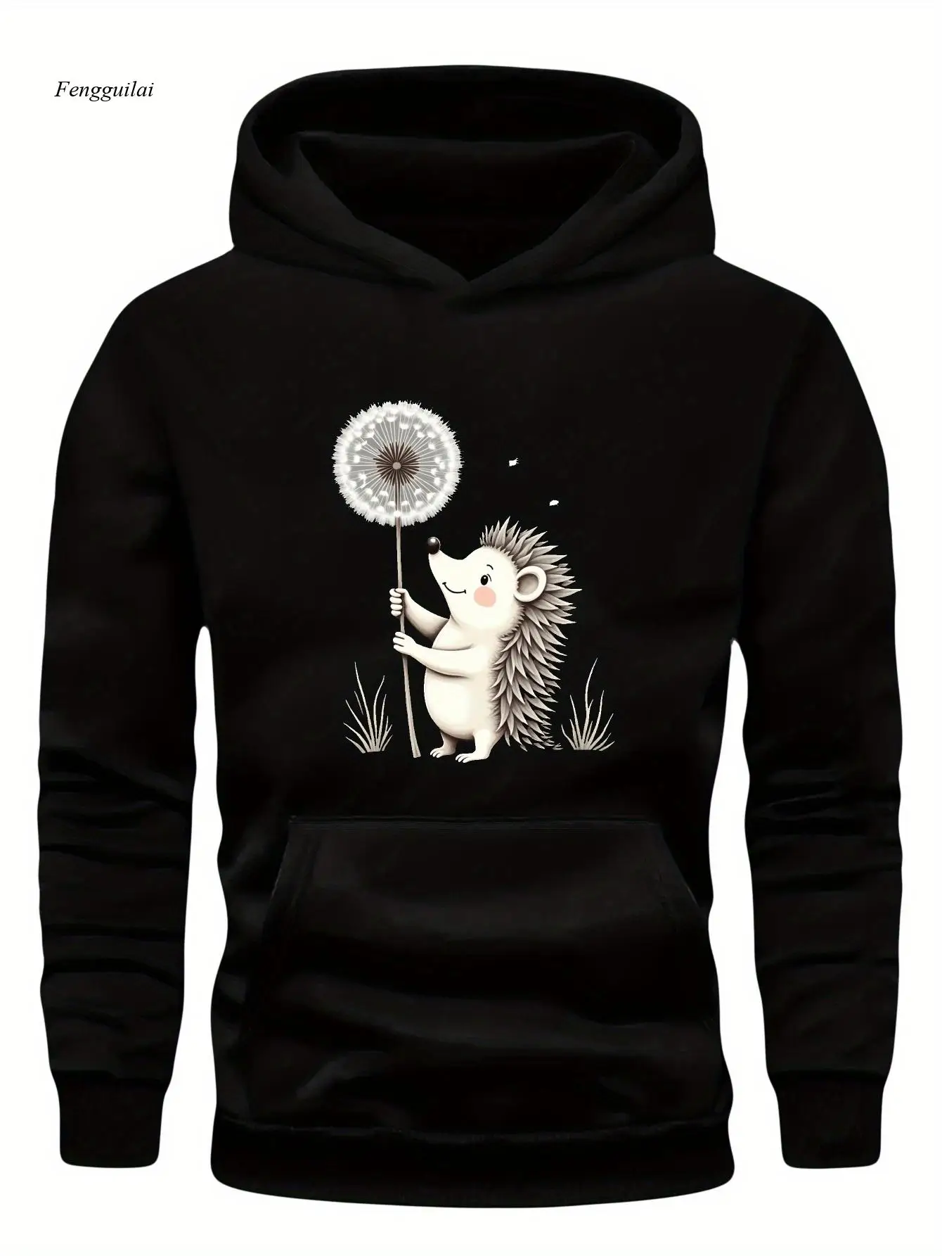 Sweat à capuche décontracté avec graphique hérisson et pissenlit – Noir, coupe ample, manches longues, tissu non extensible, motif géométrique