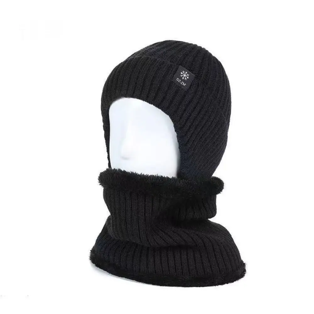 Fashion Thickened Men Knitted Cap Ear Protection Windproof Men Hat Scarf Set Neck Warmer Integrated Cap Scarf Outdoor
