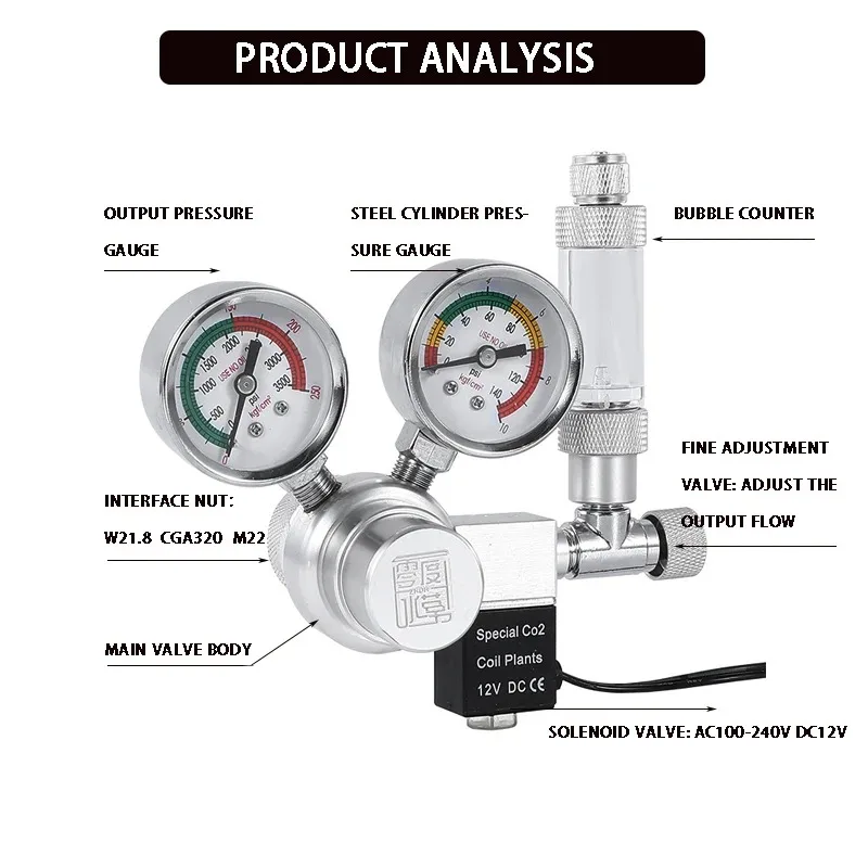 Fish tank co2 pressure reducing valve Solenoid valve Dual gauge cylinder pressure control co2 regulator pressure reducing valve