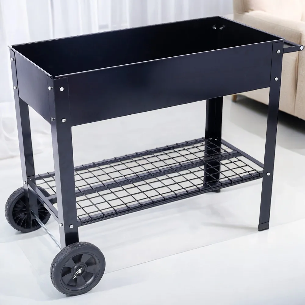 Products Elevated Mobile Raised Ergonomic Metal Planter Garden Bed for Backyard, Patio w/Wheels, Lower Shelf, black