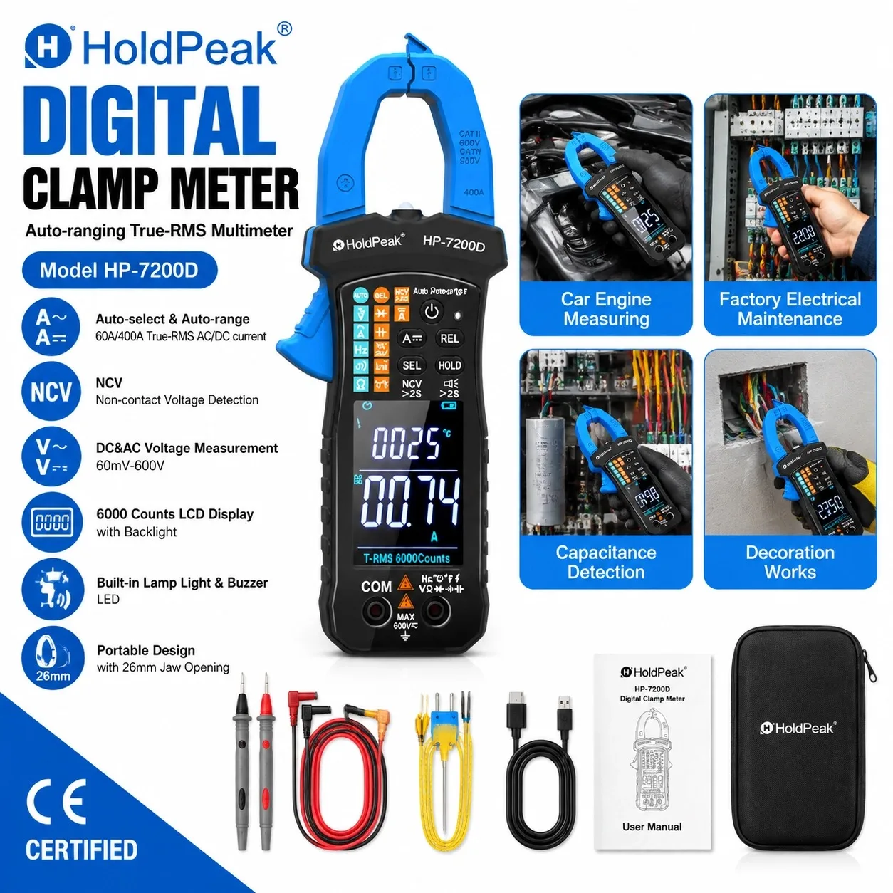 HoldPeak 7200D True RMS AC/DC Clamp Meter 60A/400A 6000 Counts NCV Live Temp Capacitance Backlight for HVAC