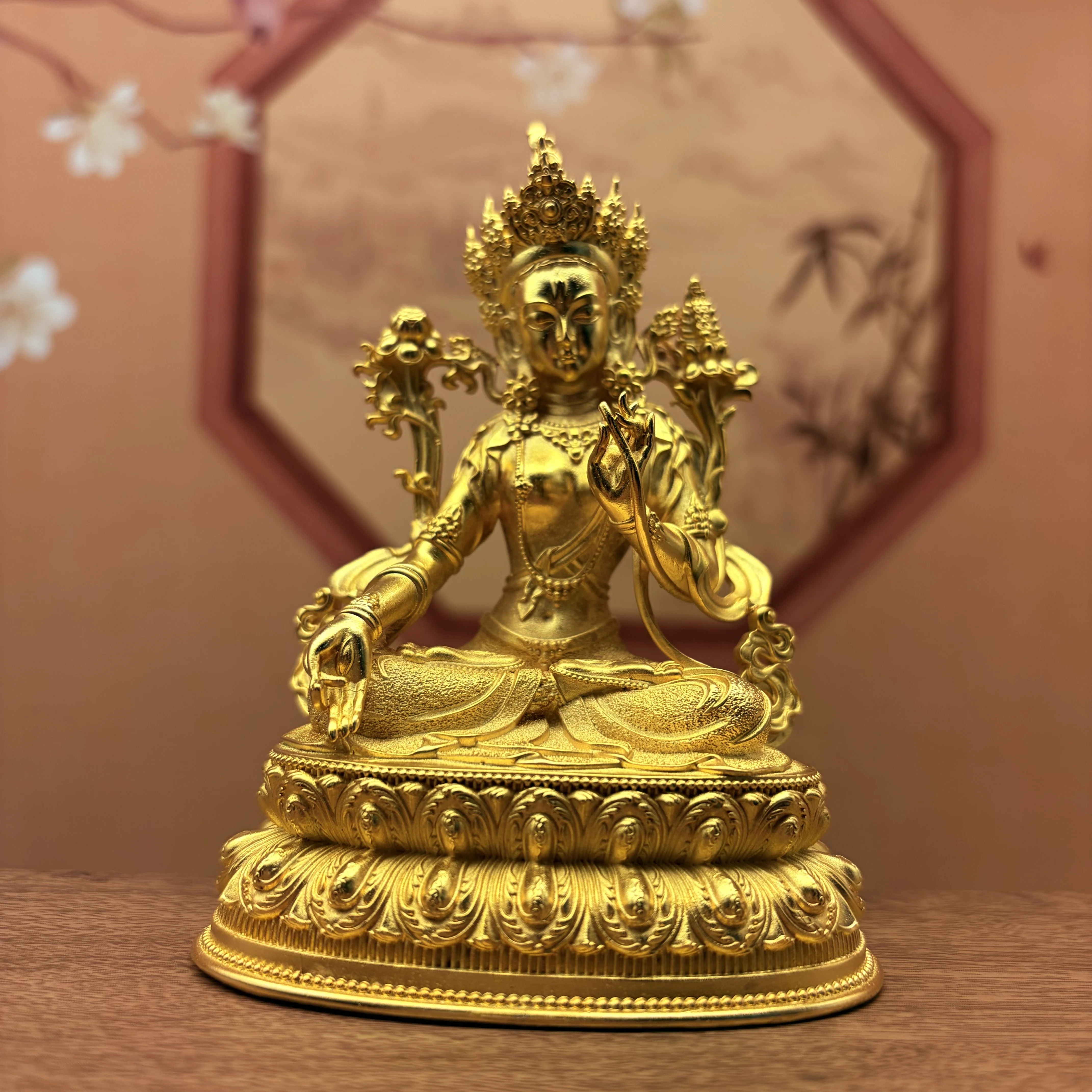 Tibetan Gold-Plated Copper Green Tara Goddess Statue 10cm Home Office Living Room Altar Desktop Blessing