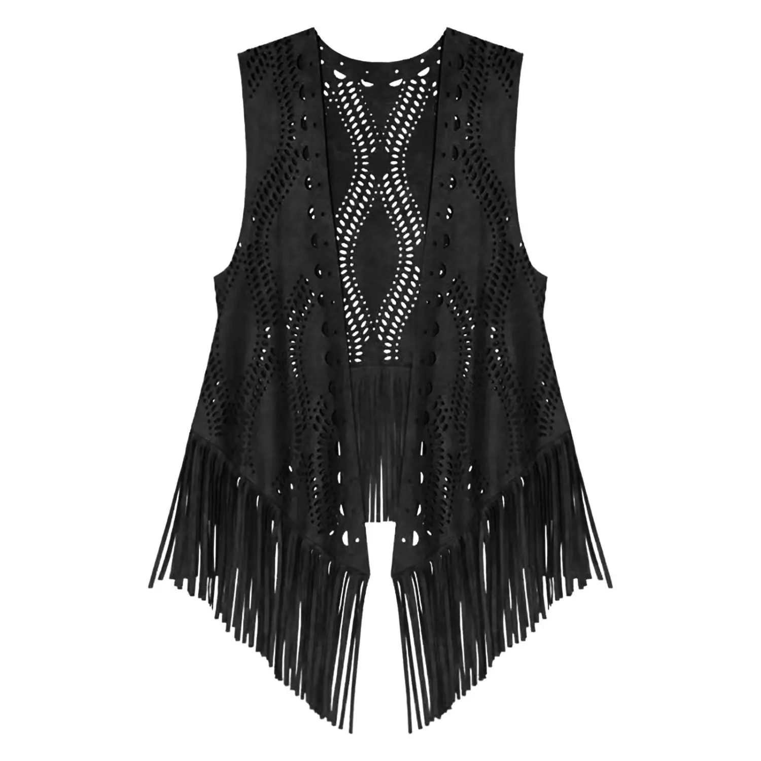Women's Vintage Faux Suede Fringe Vest Rivet Decor Bohemian Western Cowgirl Jacket Waistcoat