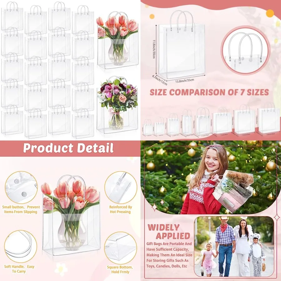 

50pcs Clear Plastic Gift Bags with Handles PVC Reusable Transparent Totes Bags for Goodie Candy School Birthday Party .8