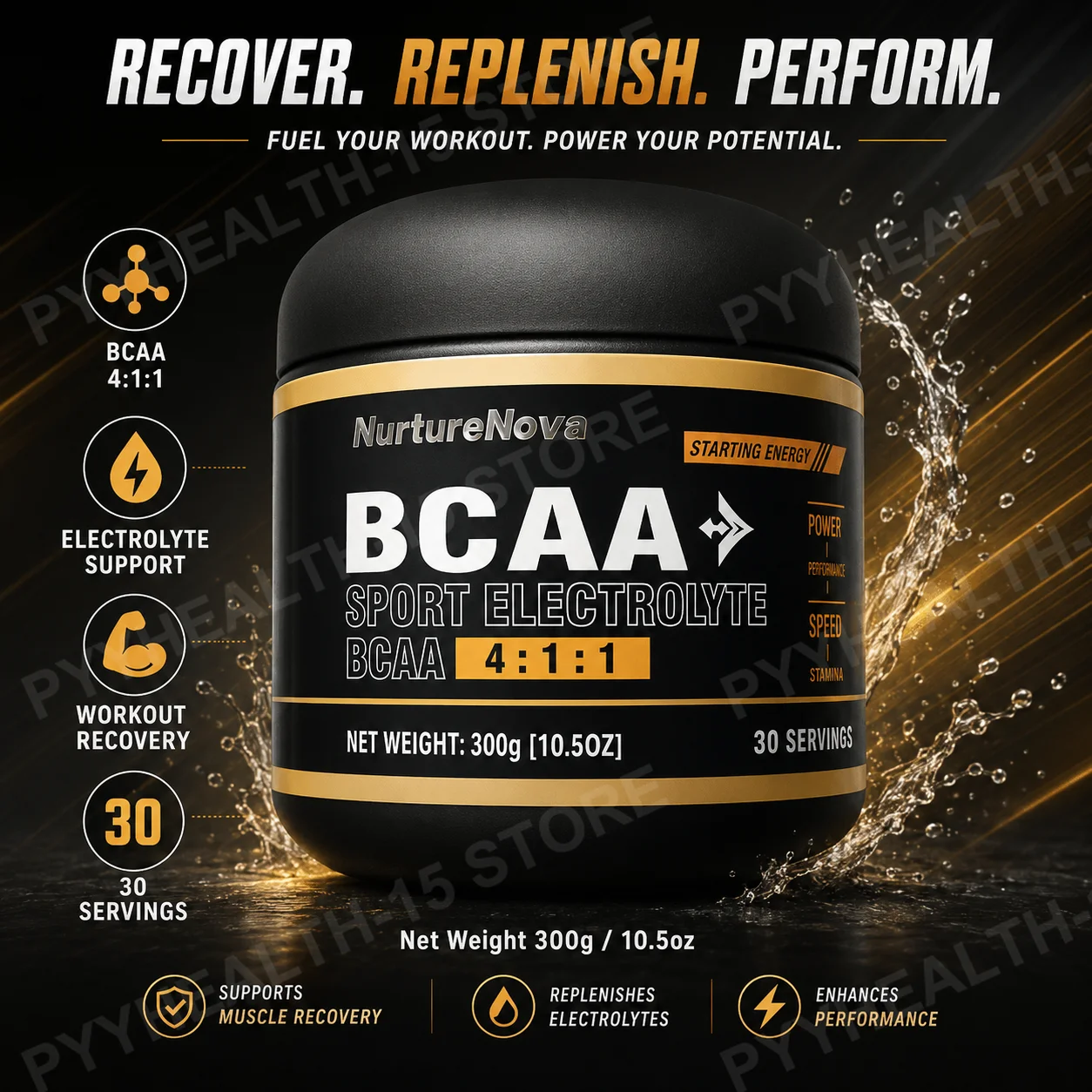 NurtureNova BCAA 4:1:1, Polvo de Aminoácidos con Electrolitos, Bebida para el Post-Entrenamiento Fácil de Mezclar, Potasio, Magnesio, Taurina, 300g