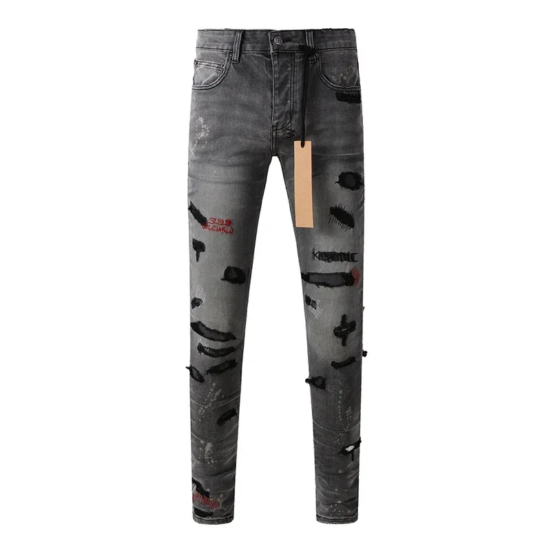 

Men's High Street Distressed Ash Gray Stretch Skinny Letters Embroidered High Quality Button Fly Ripped Jeans Pants
