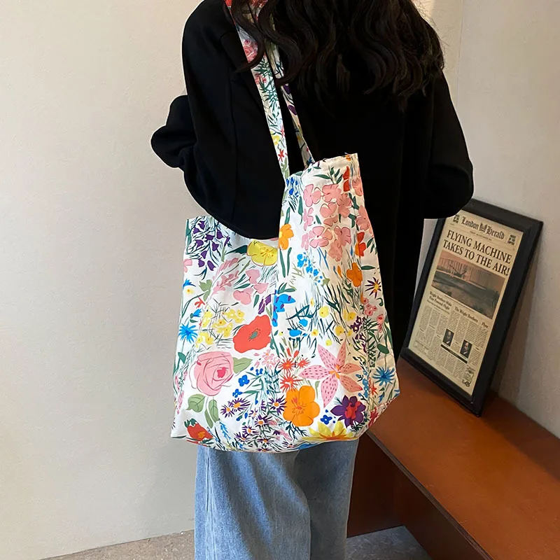 

Fashion Vintage Floral Cotton Fabric Shopping Bags Large Capacity Casual Shoulder Bag Reusable For Women Vacation Shopping