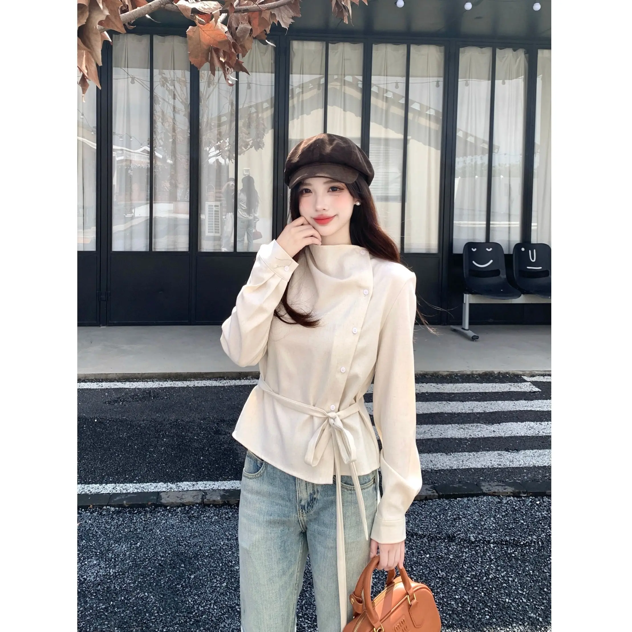 

Asymmetric Flip-Collar Belted Long Sleeve Shirt Women's Spring Autumn Casual Style Slim Fit Comfortable Breathable Top